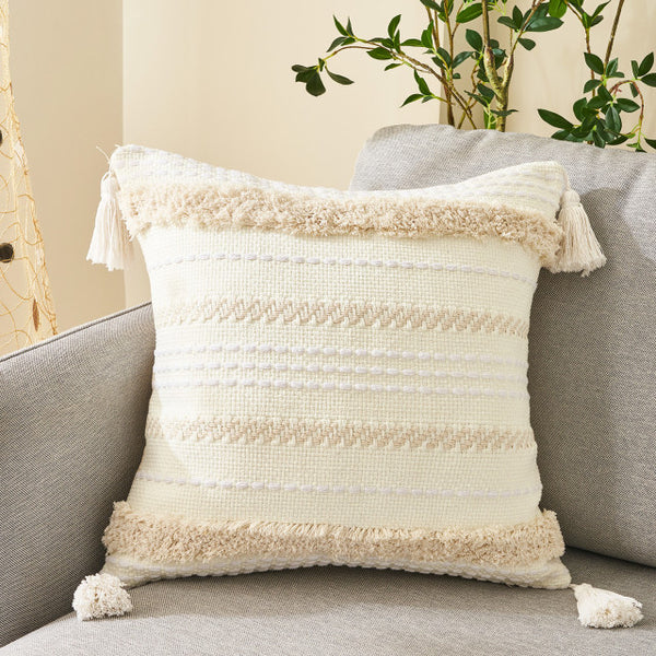 Boho Cotton Linen Cushion Cover - Beige & Cream Tassel