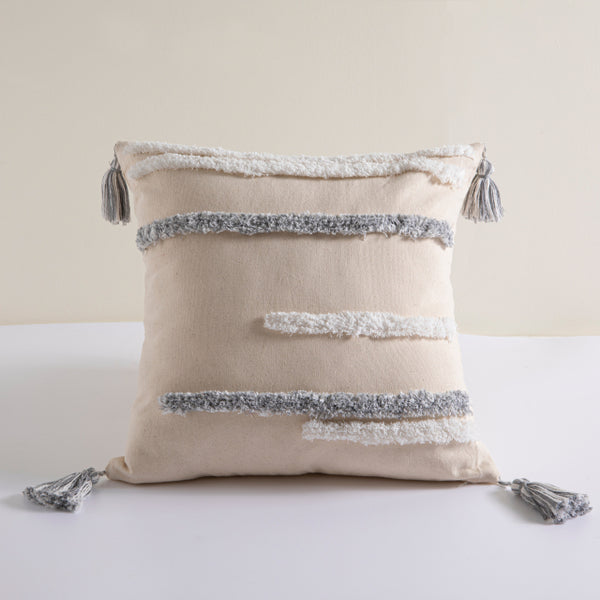 Boho Cotton Linen Cushion Cover - Gray & White Tufted Stripe