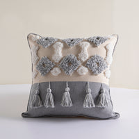 Boho Cotton Linen Cushion Cover - Gray Tufted Tassel