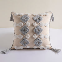 Boho Cotton Linen Cushion Cover - Gray & White Tufted Tassel