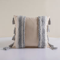 Boho Cotton Linen Cushion Cover - Gray & White Tufted Tassel