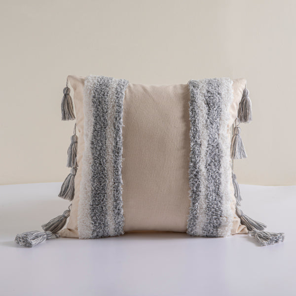 Boho Cotton Linen Cushion Cover - Gray & White Tufted Tassel